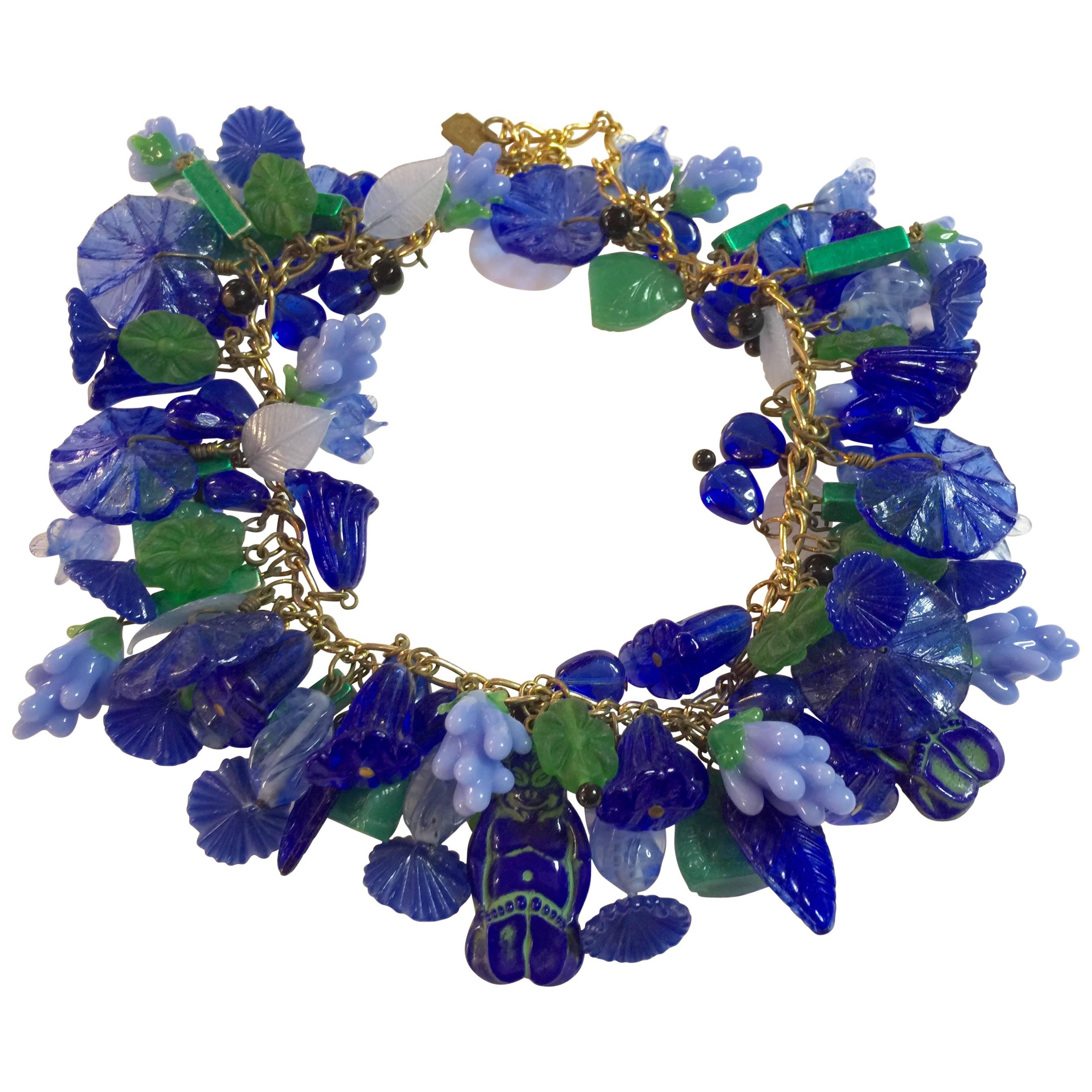 Czechoslovakian 1940s Floral Leaf Glass Charms Necklace Pididdily Links 1960s For Sale