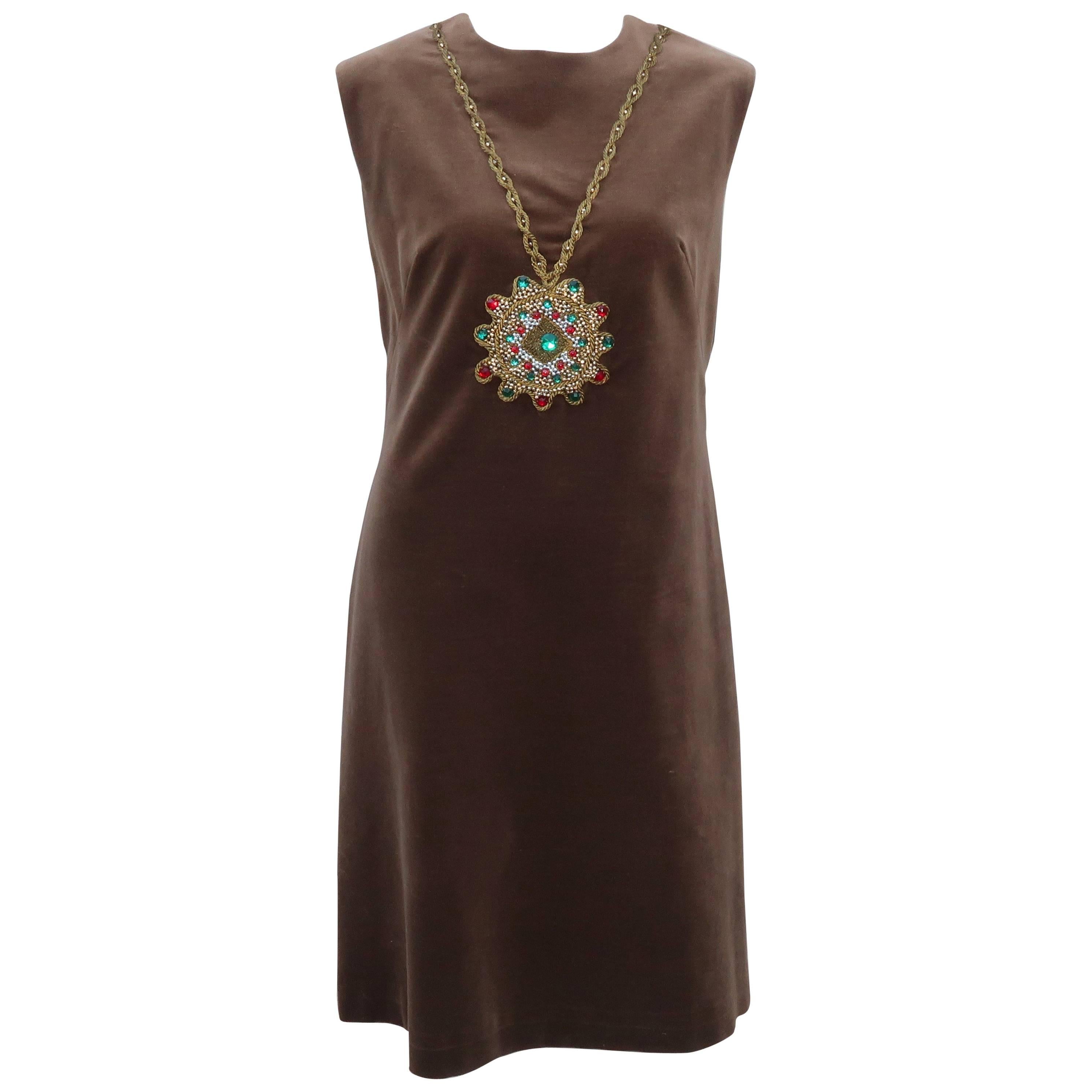 1960's Italian Brown Velveteen Dress With Trompe L'oeil Necklace