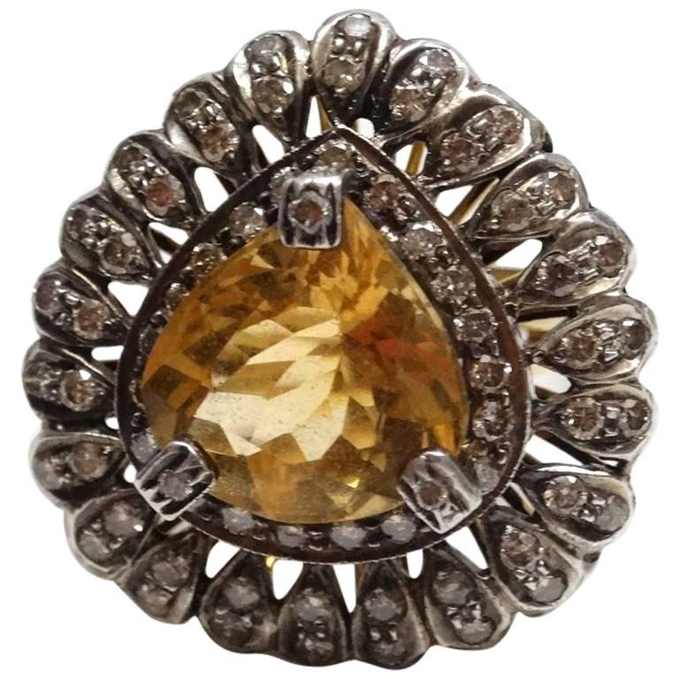 14k Victorian Gold Citrine Diamond Cocktail Ring 