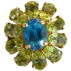 14kt YG Blue Topaz & Green Peridot Flower Cocktail Ring 