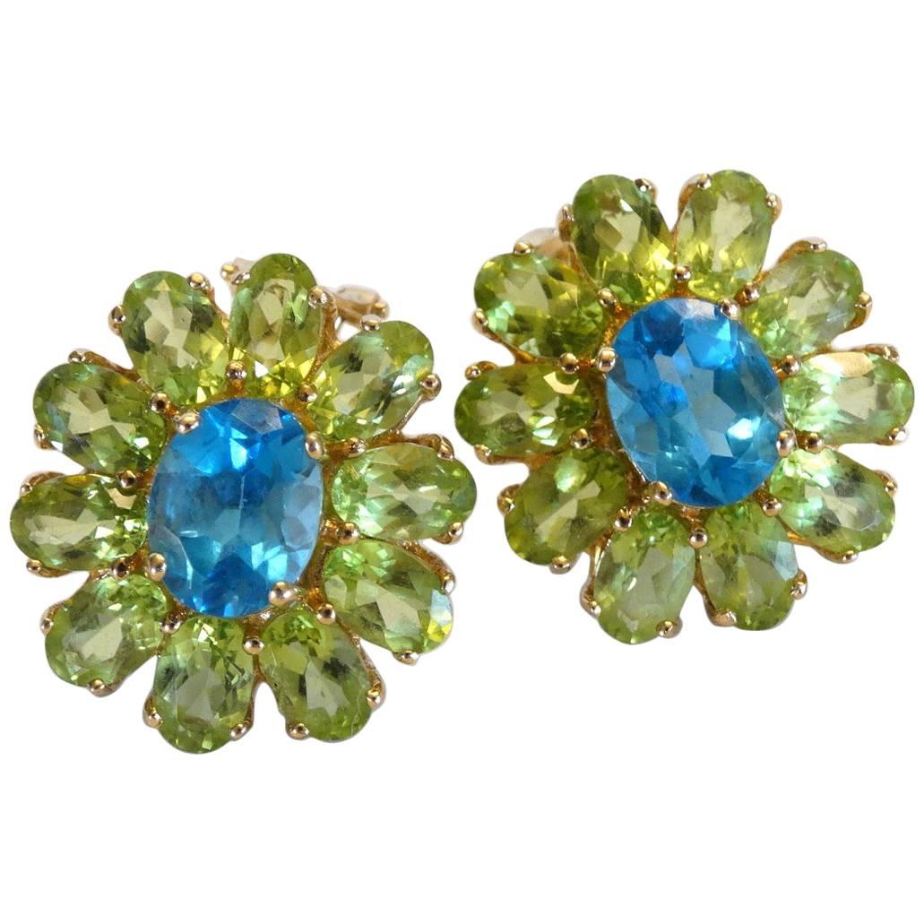 Blue Topaz & Green Peridot Flower Earrings 14k