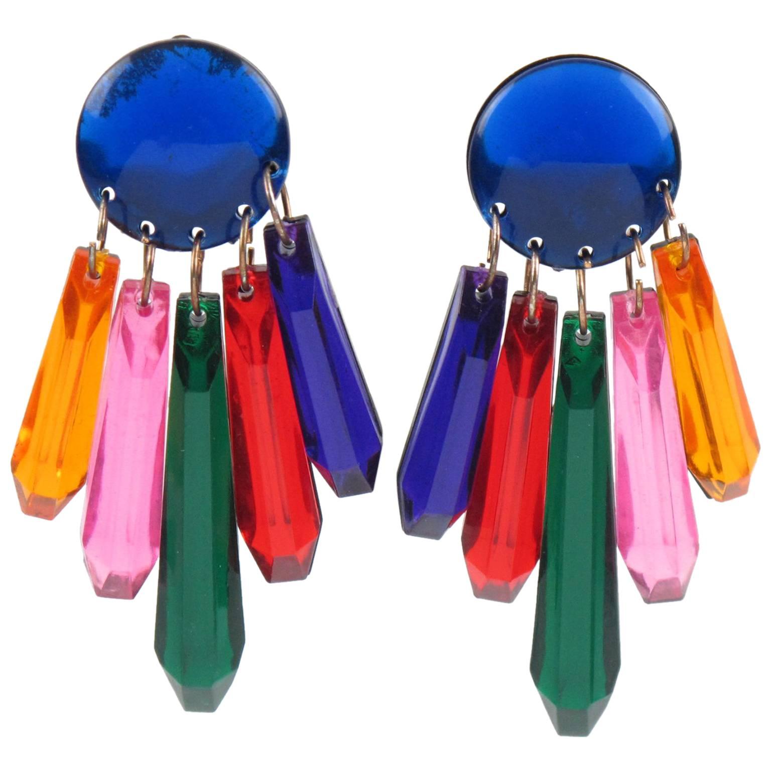 Oversized Dangling Chandelier Multicolor Drop Lucite Clip on Earrings