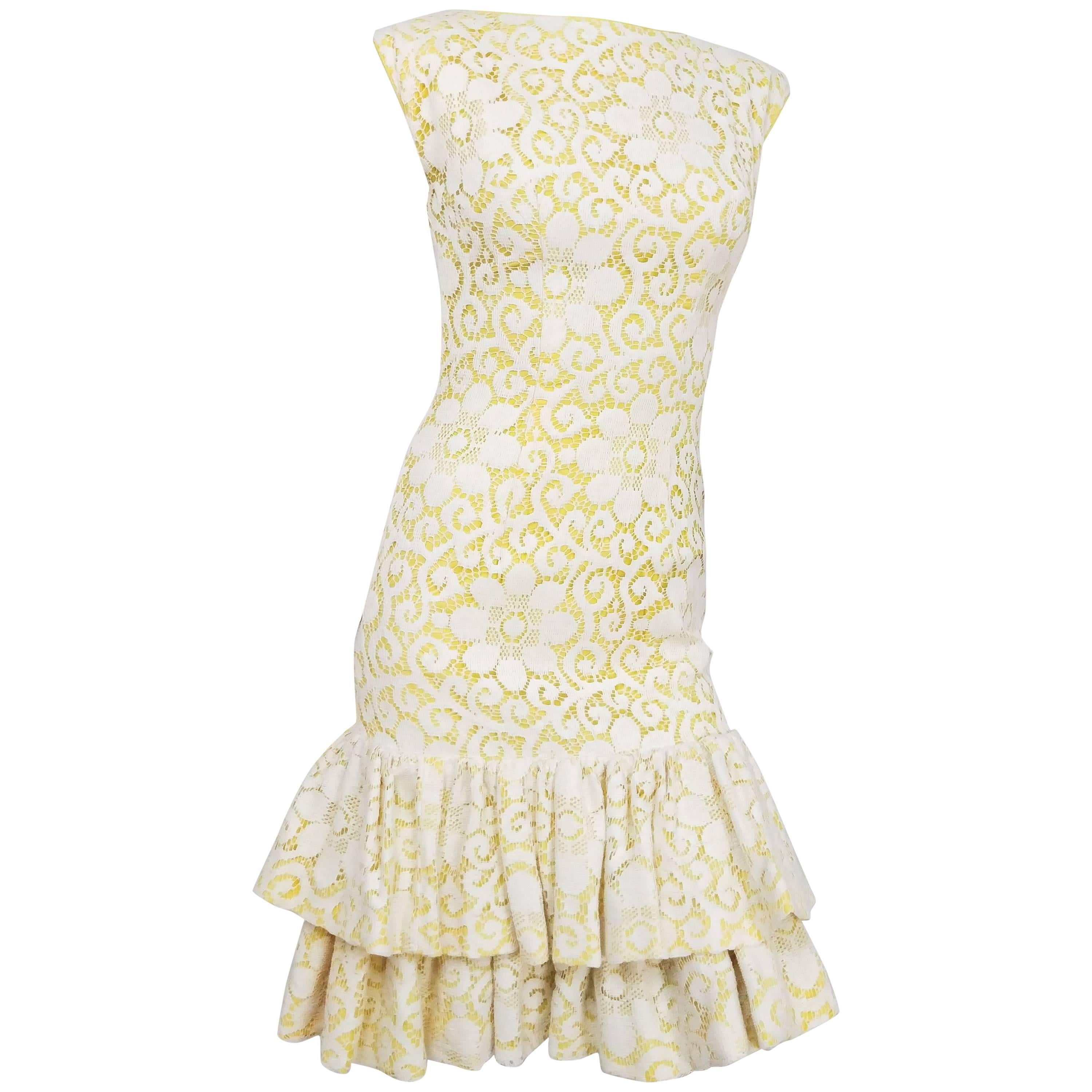 Lilli Diamond Yellow Drop-waist Ruffle Cocktail Dress with Lace Overlay, 1960s 