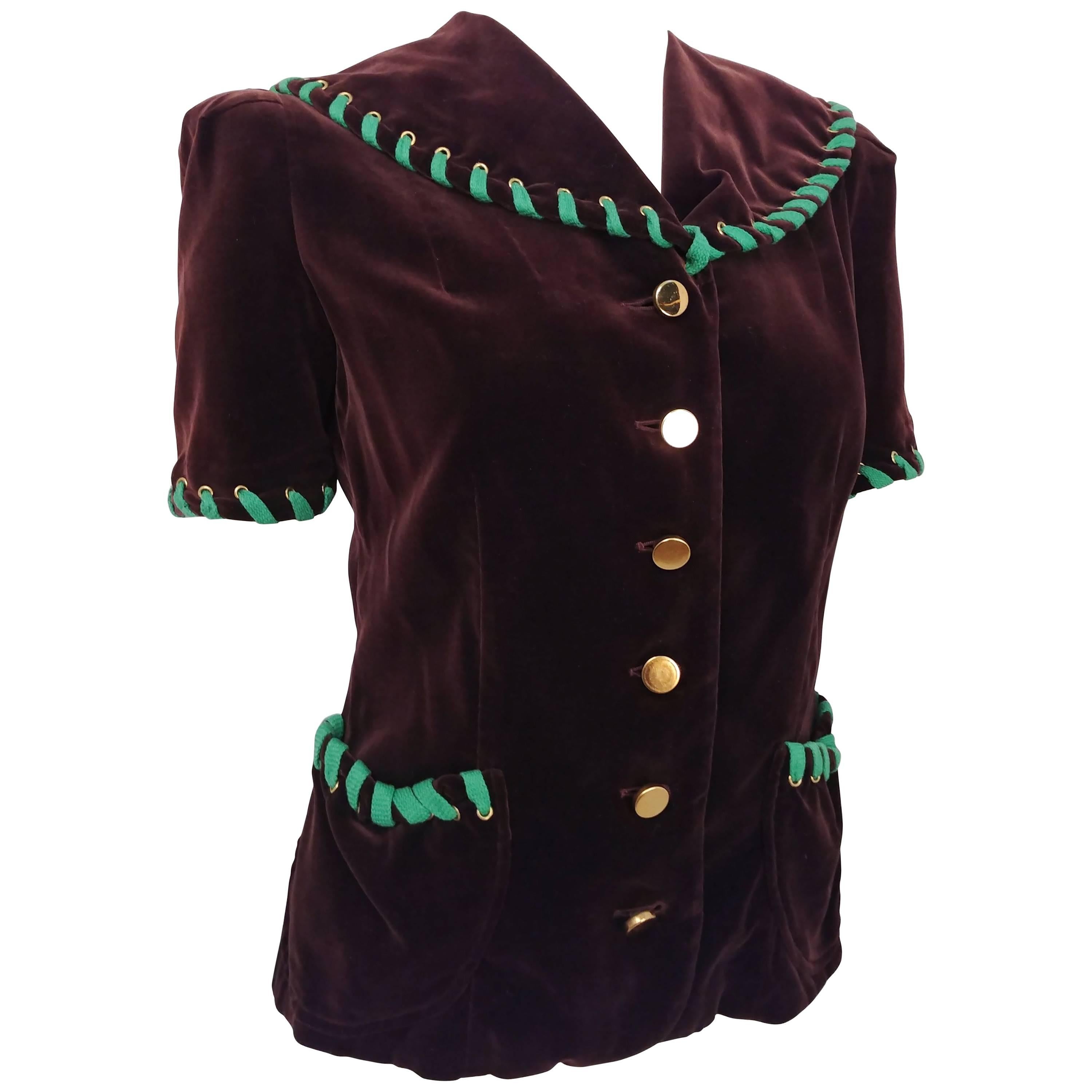 Brown Velvet Top with Green Lacing, 1940s  For Sale