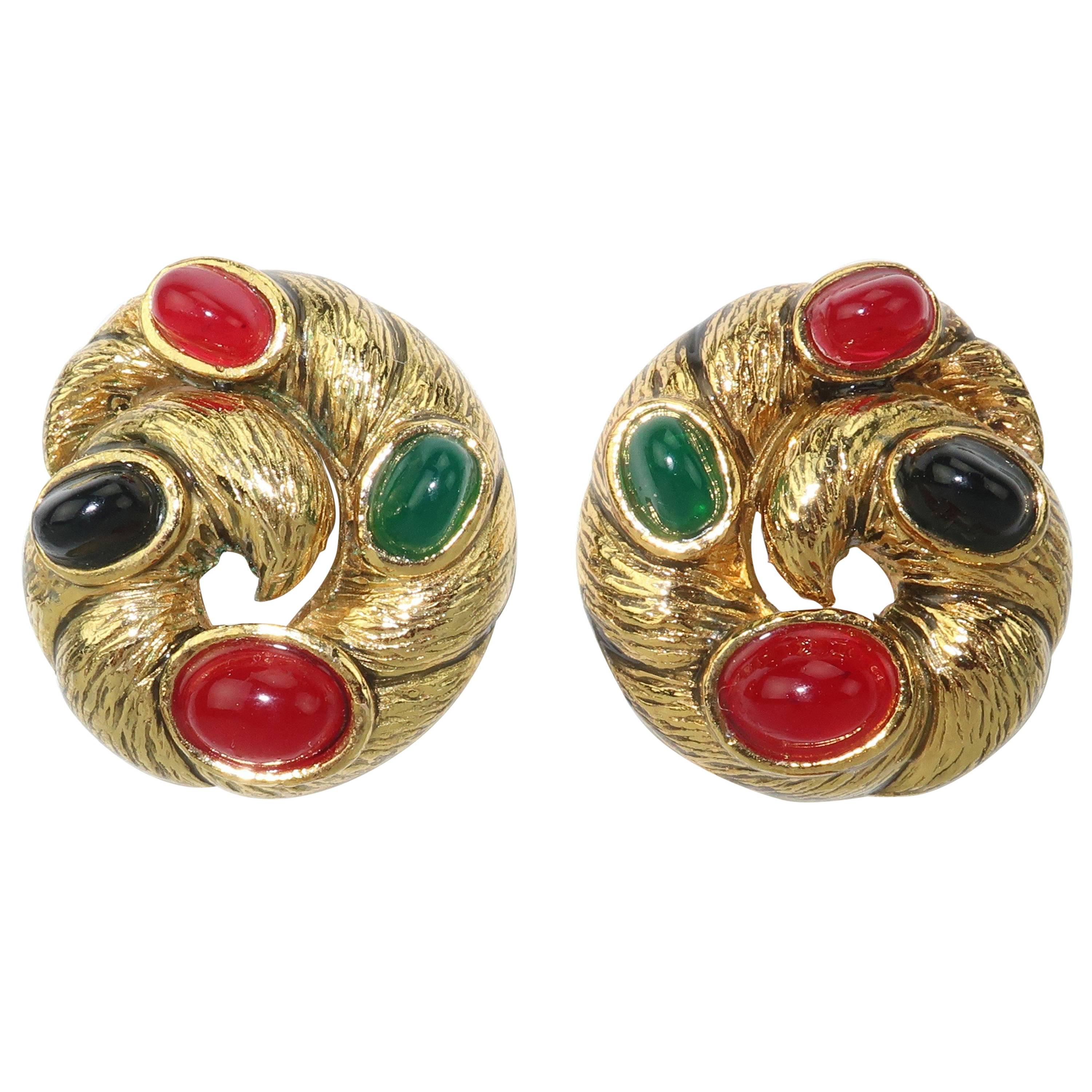 Vintage Gold Tone Cabochon Clip On Earrings