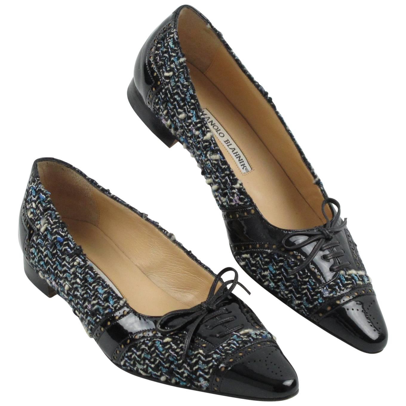 Manolo Blahnik Black Patent Leather and Tweed Fabric Flats Shoes Size 37.5 / 7.5