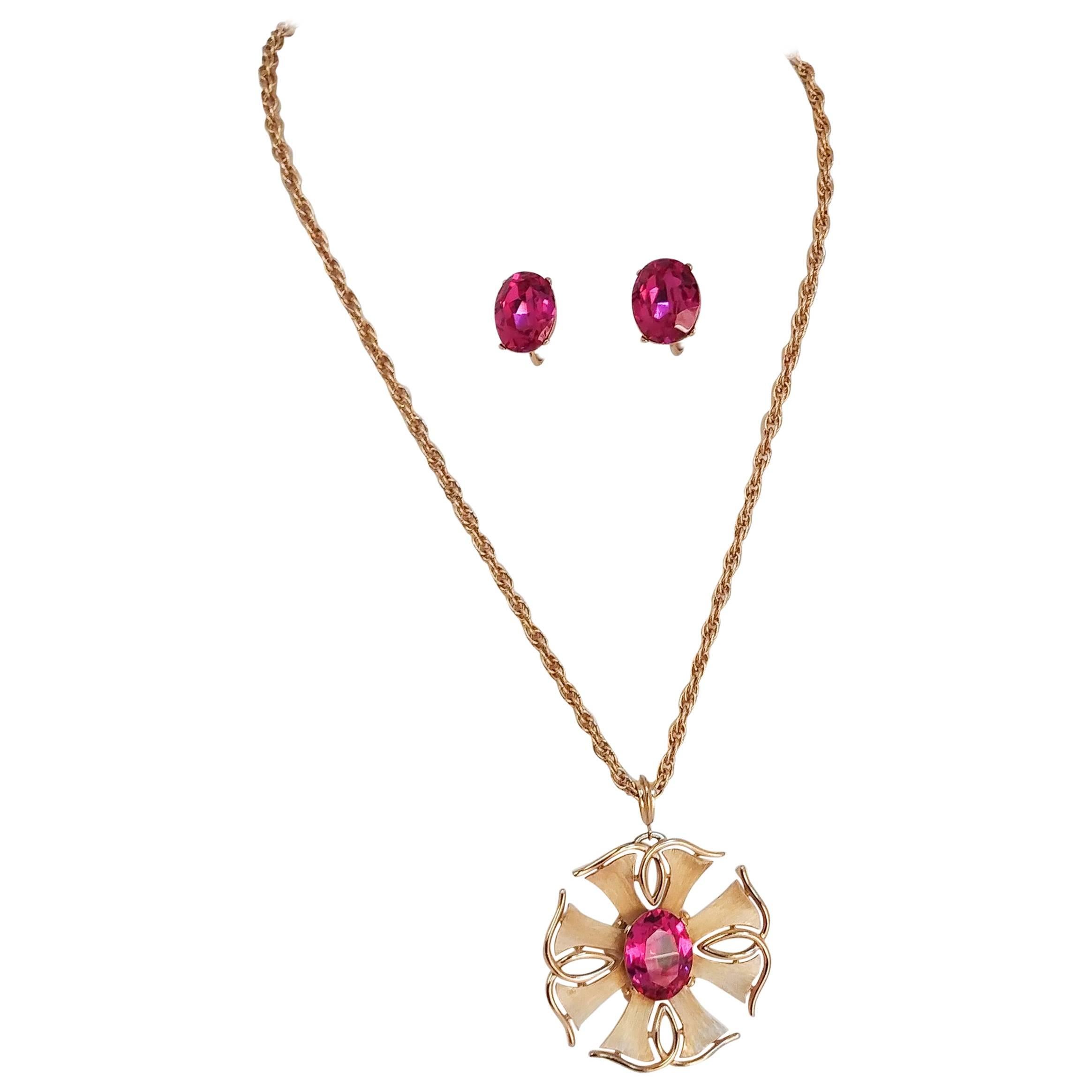 1970s Trifari Magenta and Gold Pendant and Earring Set
