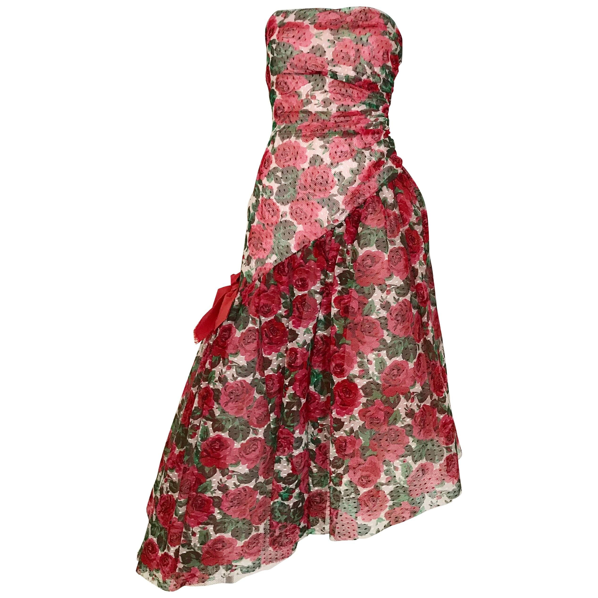 Vintage SCAASI Strapless Red Floral Print Strapless Cocktail Dress