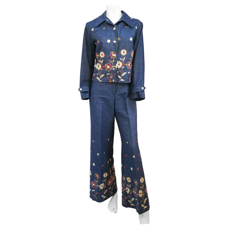 70’s Denim Embroidered Floral Knit Pant Set by Npc Fashions main image 1