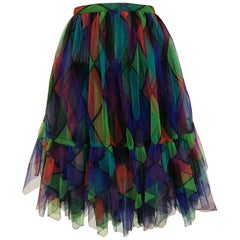 Vintage Saint Laurent Green and Red Harlequin Print Tulle Skirt