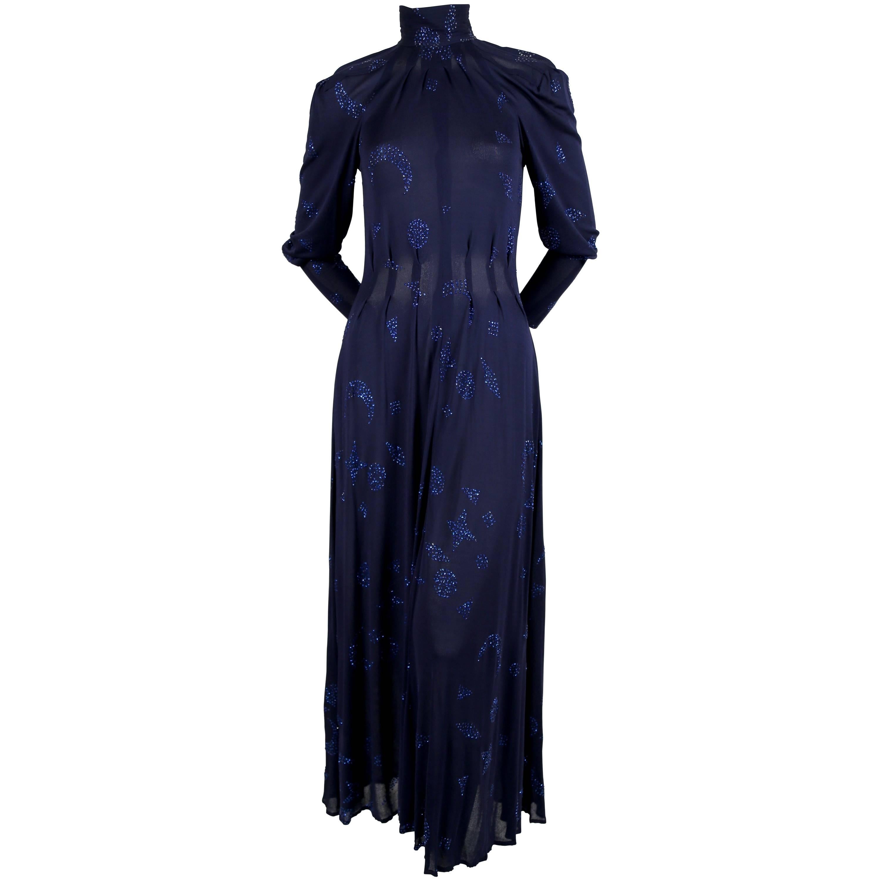 This 1970's JEAN MUIR blue jersey dress with stars and moons 