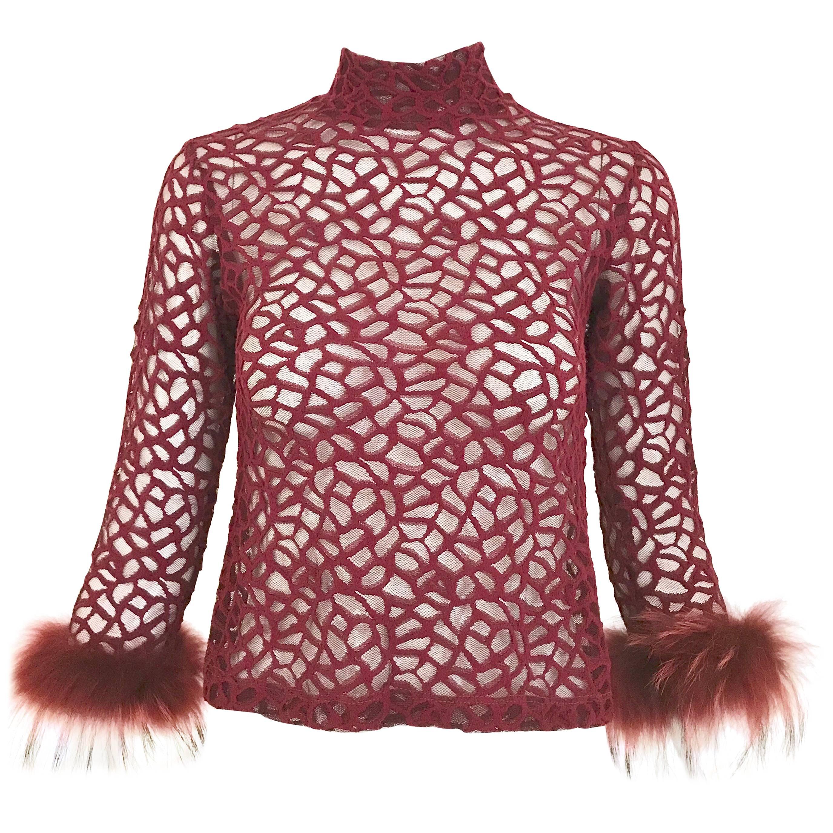 Vintage Jean Paul Gaultier Maroon Mesh Top with Ostrich Sleeves