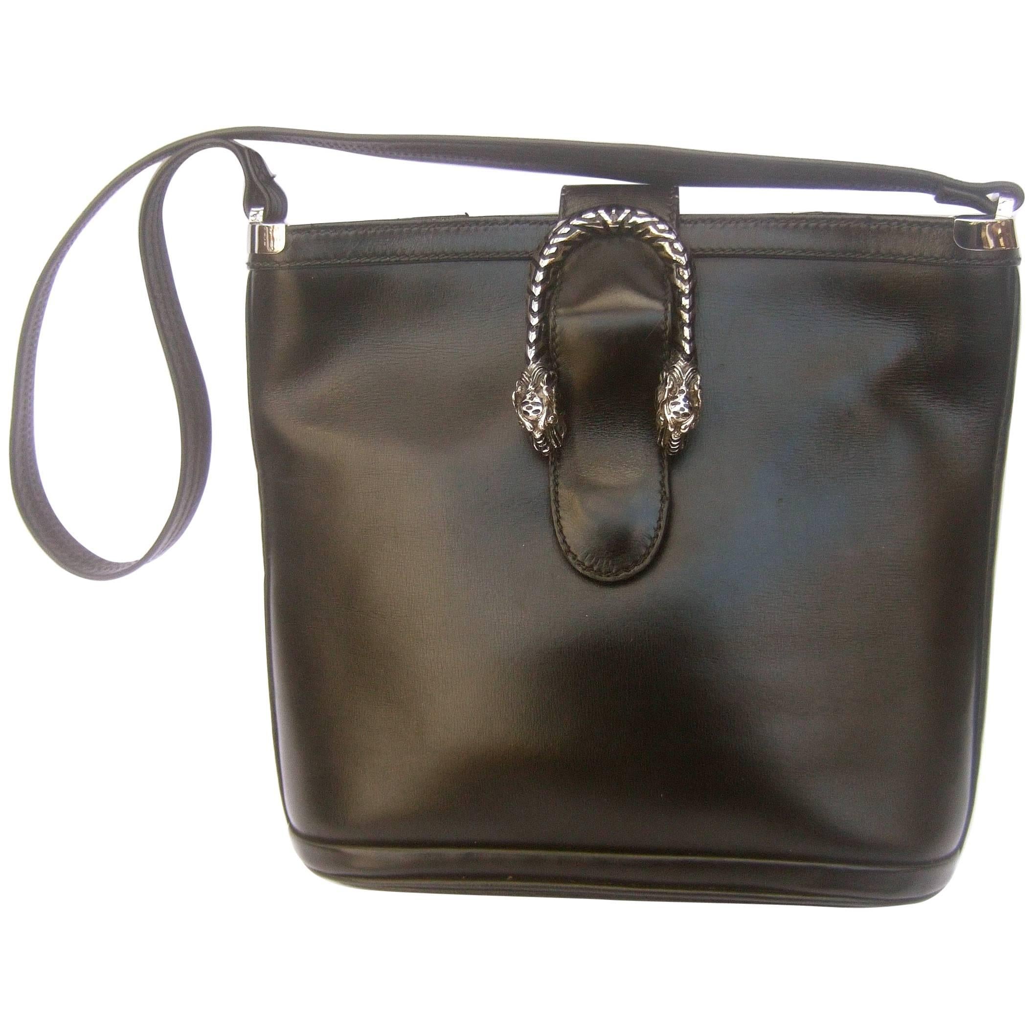 Gucci Rare Sterling Silver Tiger Clasp Ebony Leather Handbag circa 1970s