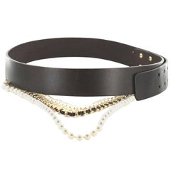 CHANEL Belt in Dark brown Leather, Leather and Pearls Chain Size 90/36