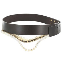 CHANEL Belt in Dark brown Leather, Leather and Pearls Chain Size 90/36