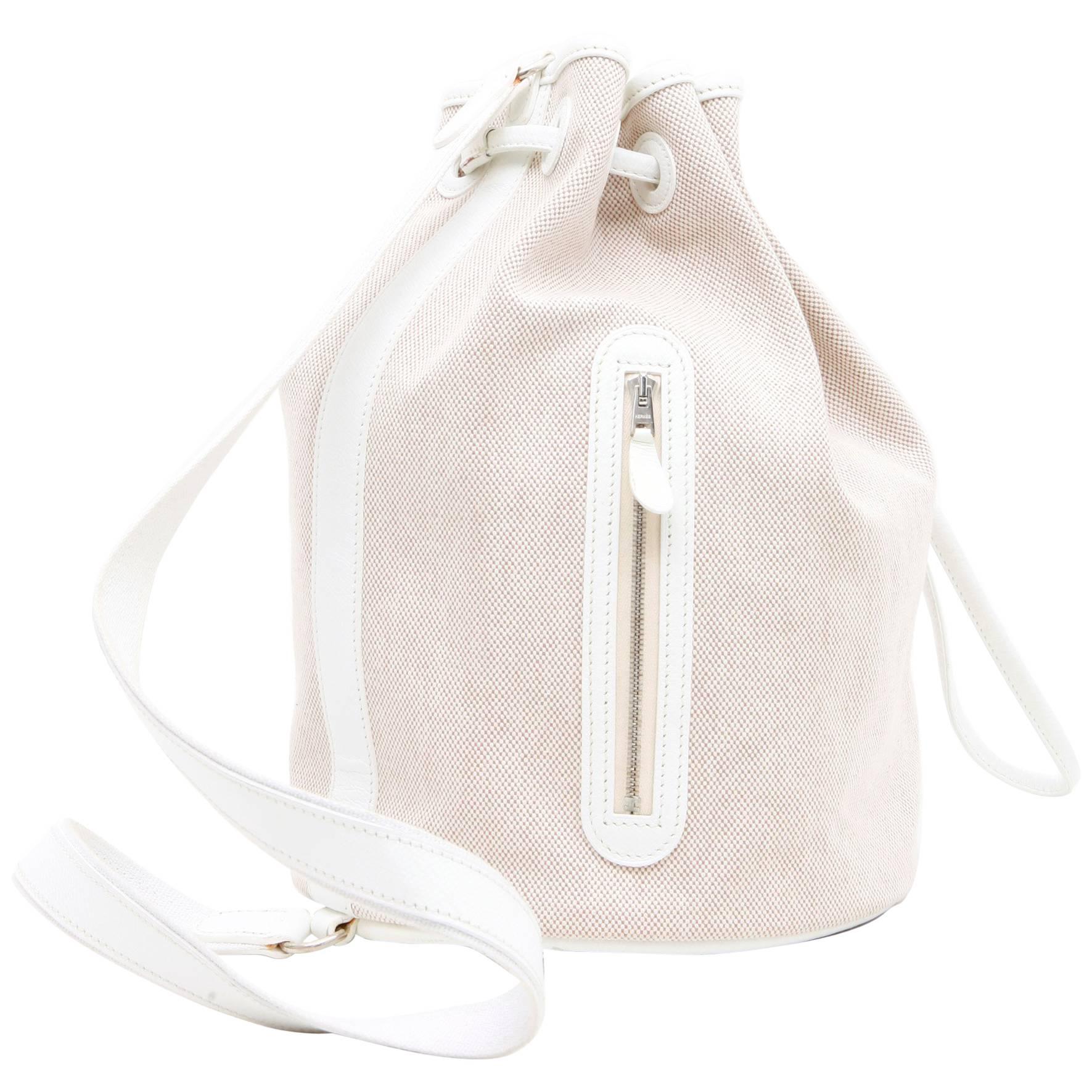 HERMES Bucket Bag in White Canvas and Leather