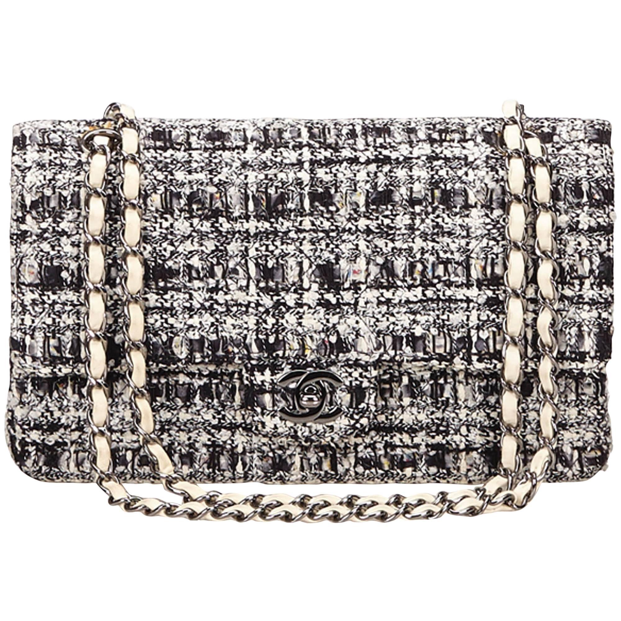 Chanel Classic Black White Grey Cotton Tweed Medium Double Flap Shoulder Bag  at 1stDibs