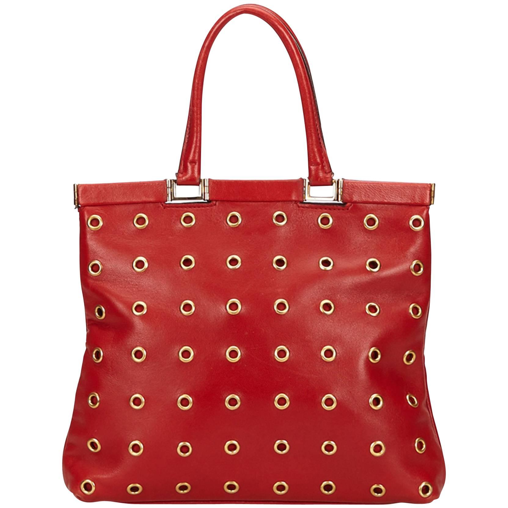 Prada Red Calf Leather 18 Carat Gold-Toned Eyelet Handbag