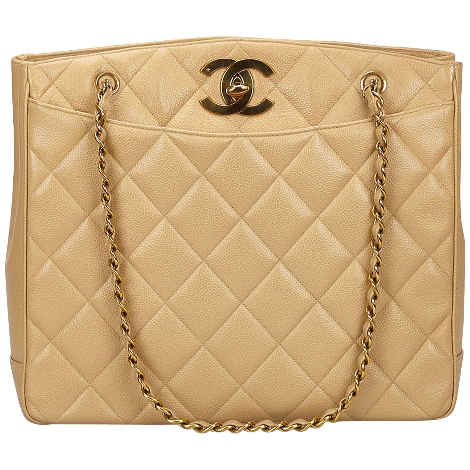 Chanel Beige Caviar Leather Shoulder Bag