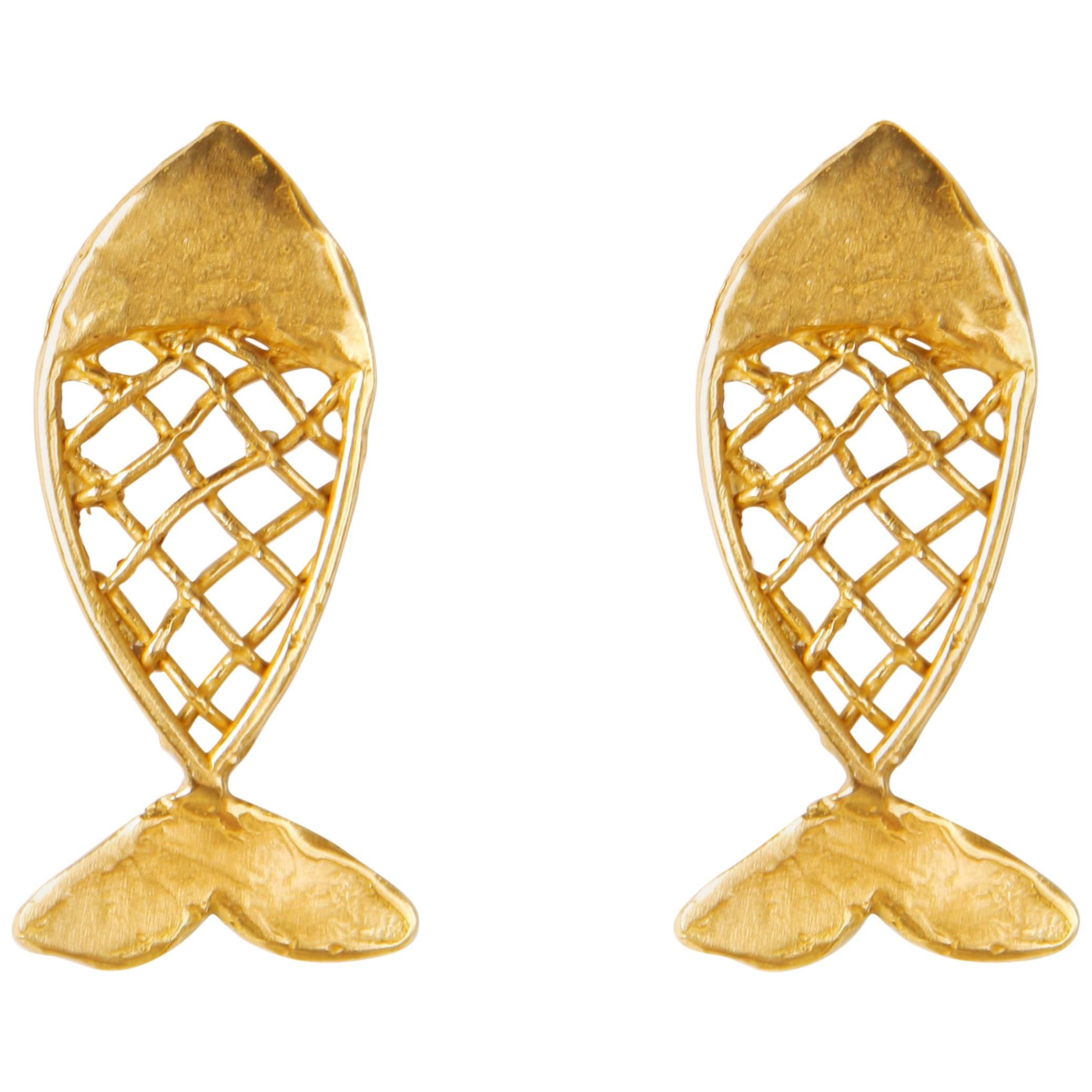Giulia Barela Gold Plated Bronze Fish Earring For Sale