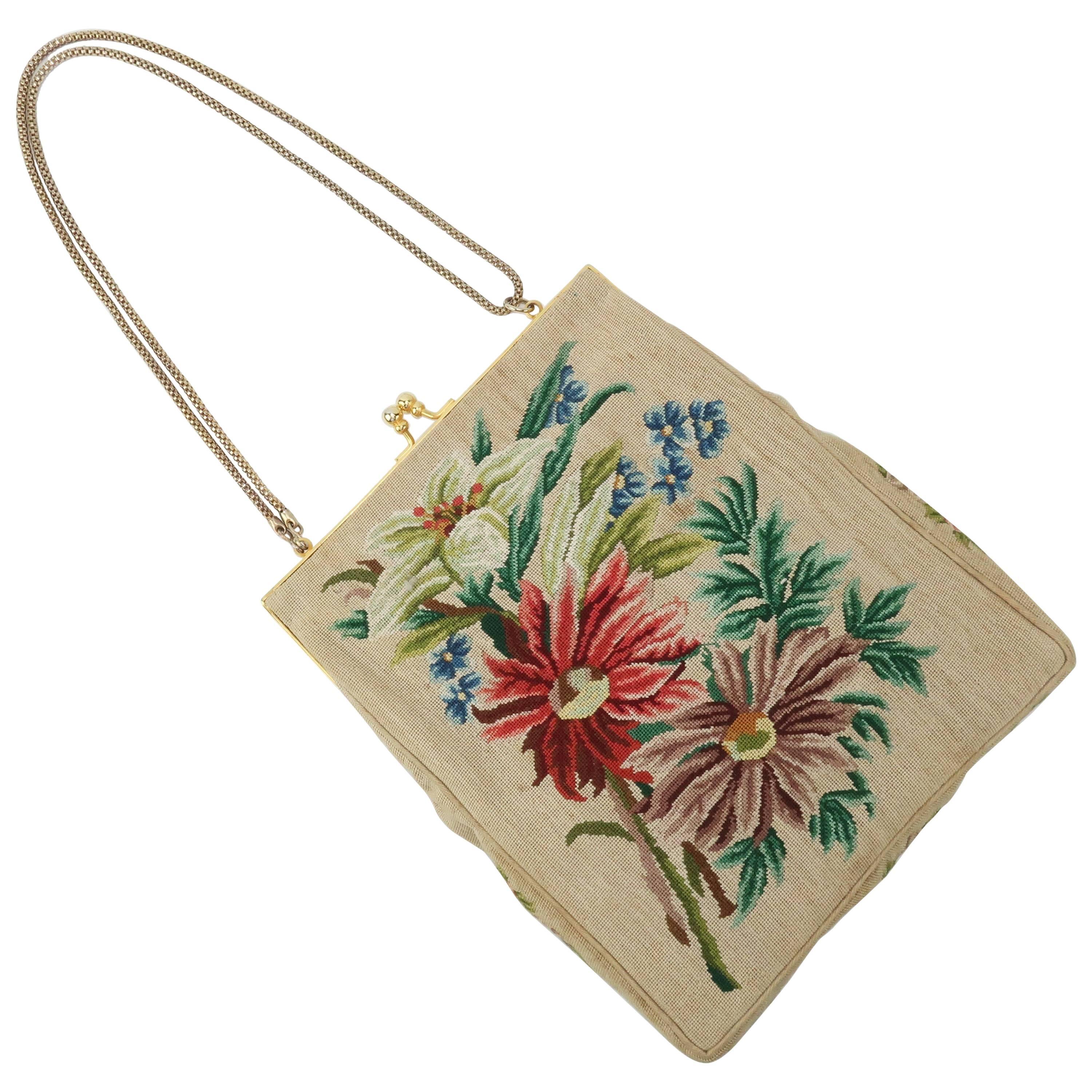 Vintage Floral Petit Point Handbag With Convertible Chain