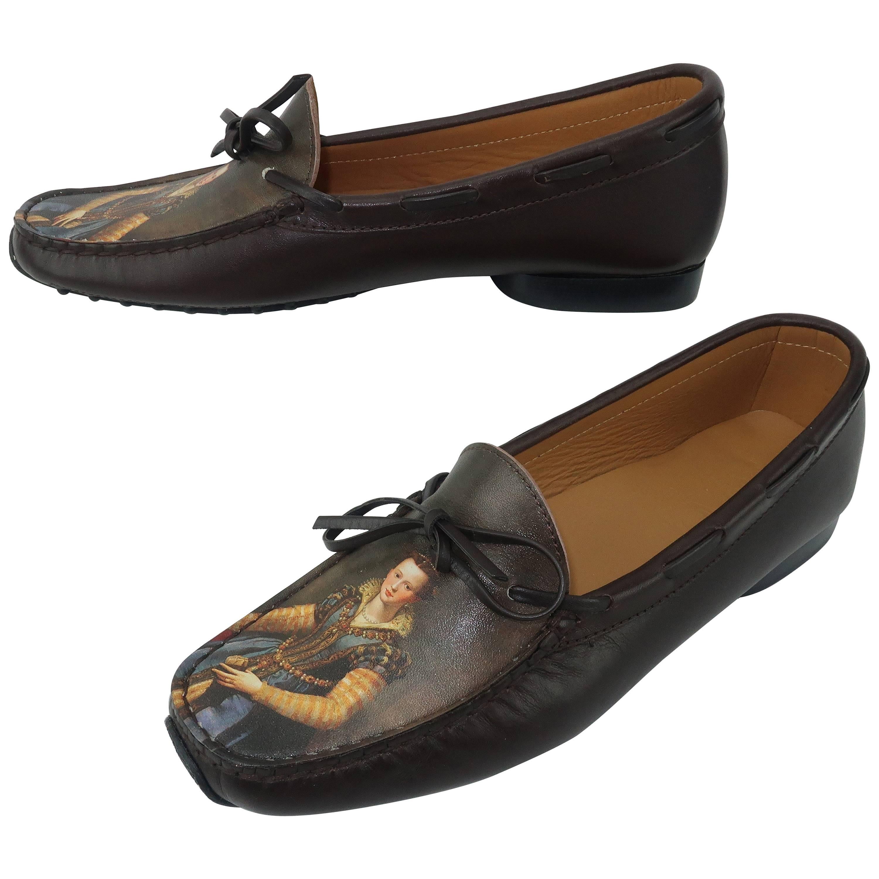  Icon shoes Art Printed Brown Leather Moccasin Loafers 