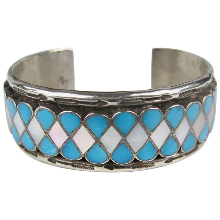Zuni Teardrop Inlaid Sterling Silver Turquoise And Mother Of Pearl Zuni Teardrop Inlaid Sterling Silver Turquoise Mother Of Pearl Cuff Bracelet For