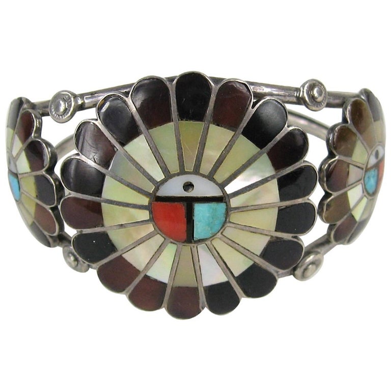 1960s Native American Sterling Silver Zuni Sun Face Cuff Bracelet For