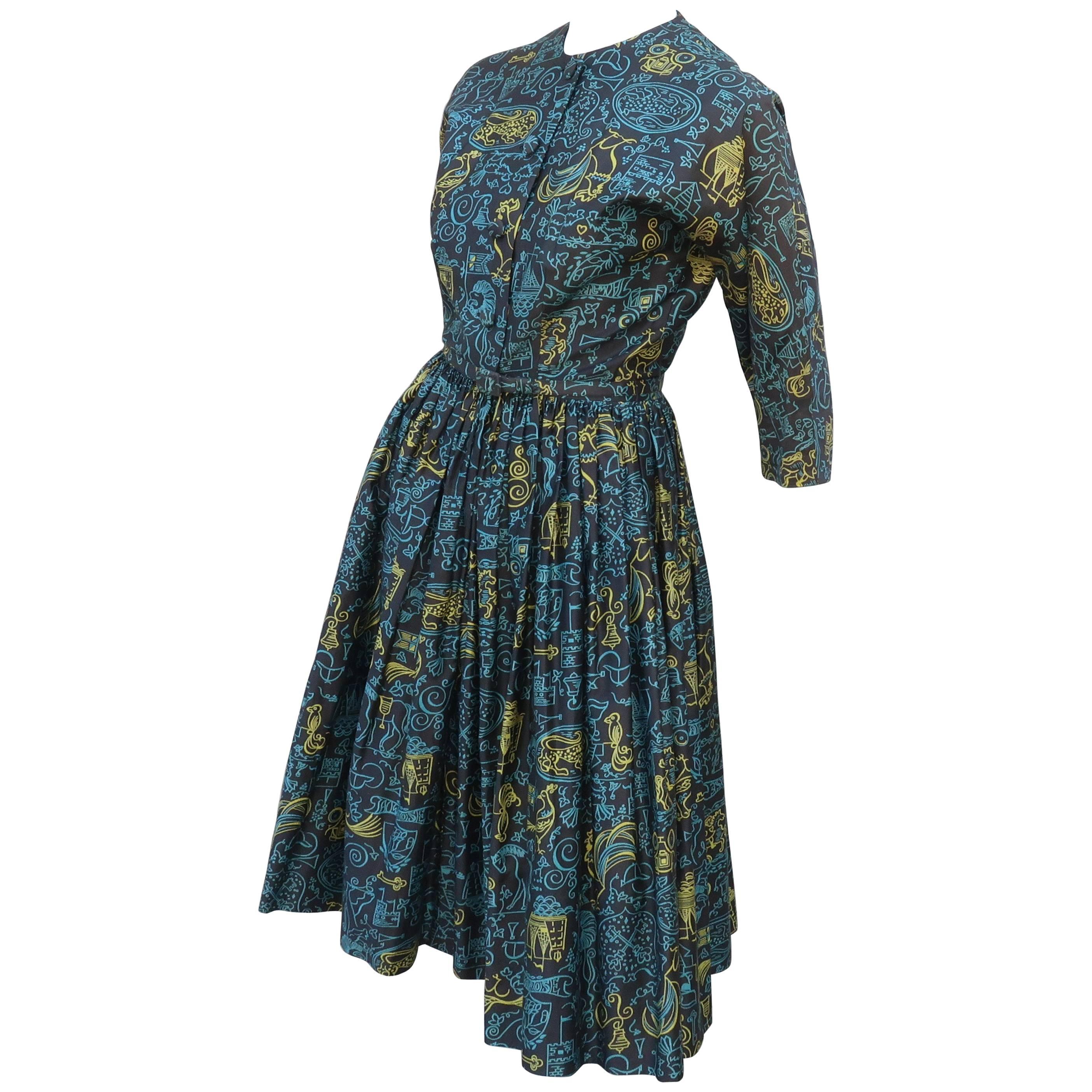 1950's Polished Cotton Shirt Dress With Full Skirt