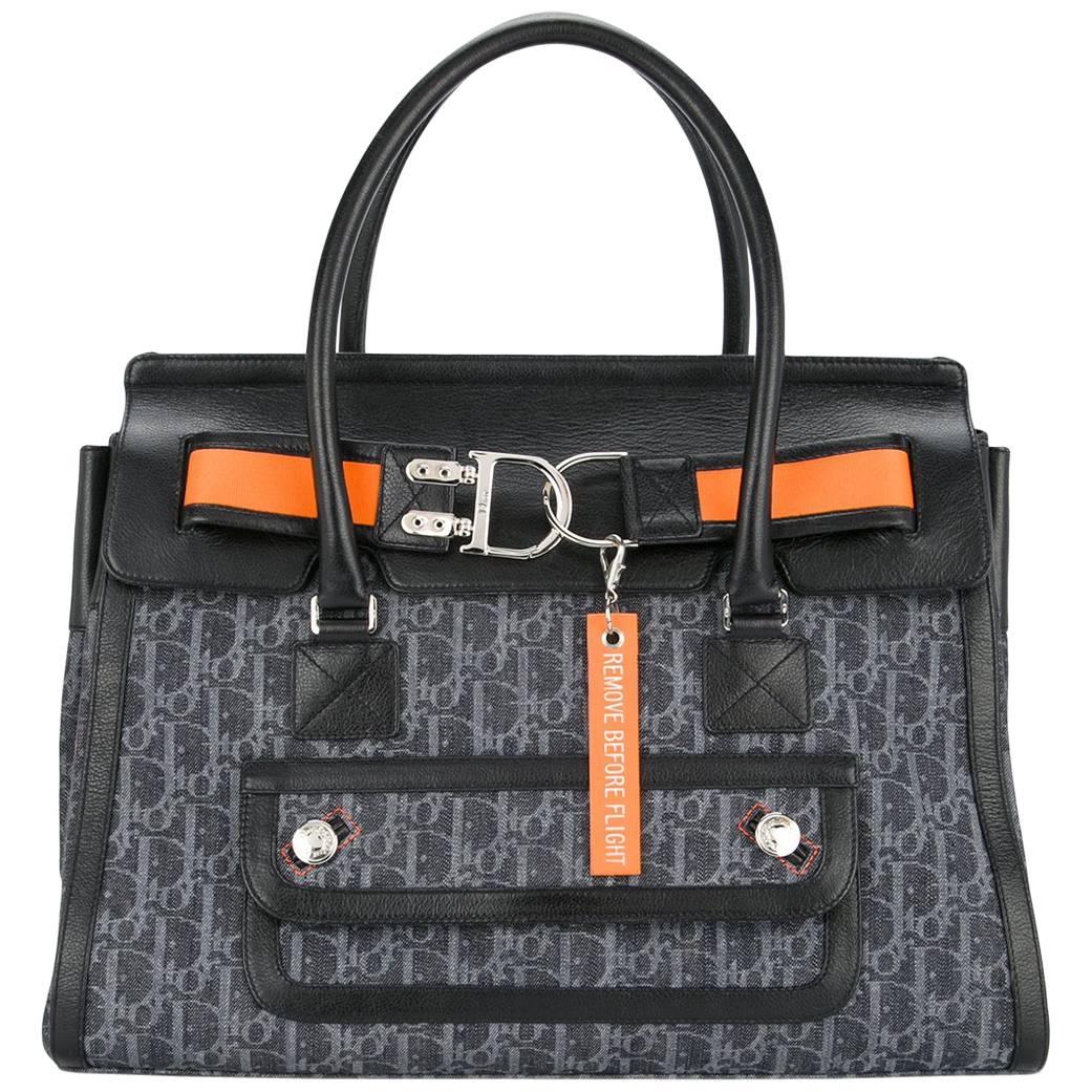 Christian Dior Blue Monogram Kelly Style Carryall Top Handle Satchel Tote Bag
