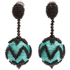 New Oscar de la Renta Blue Beaded Ball Drop Earrings Clip On