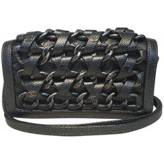 Chanel Gunmetal Caviar Leather and Chain Woven Classic Flap Shoulder Bag