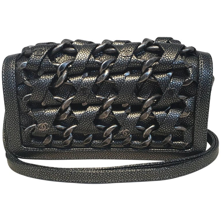 Chanel Gunmetal Caviar Leather and Chain Woven Classic Flap Shoulder Bag  For Sale at 1stDibs