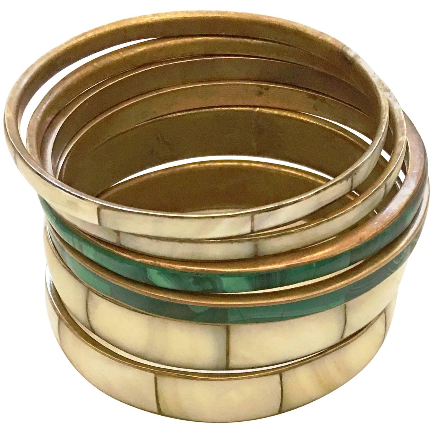 Malachite and Abalone Brass Bangles Set, 1970s  For Sale