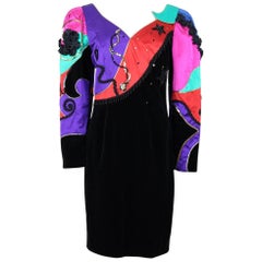 Retro 1980s Louis Féraud Black Velvet & Satin Sequin Beads Embellished Cocktail Dress