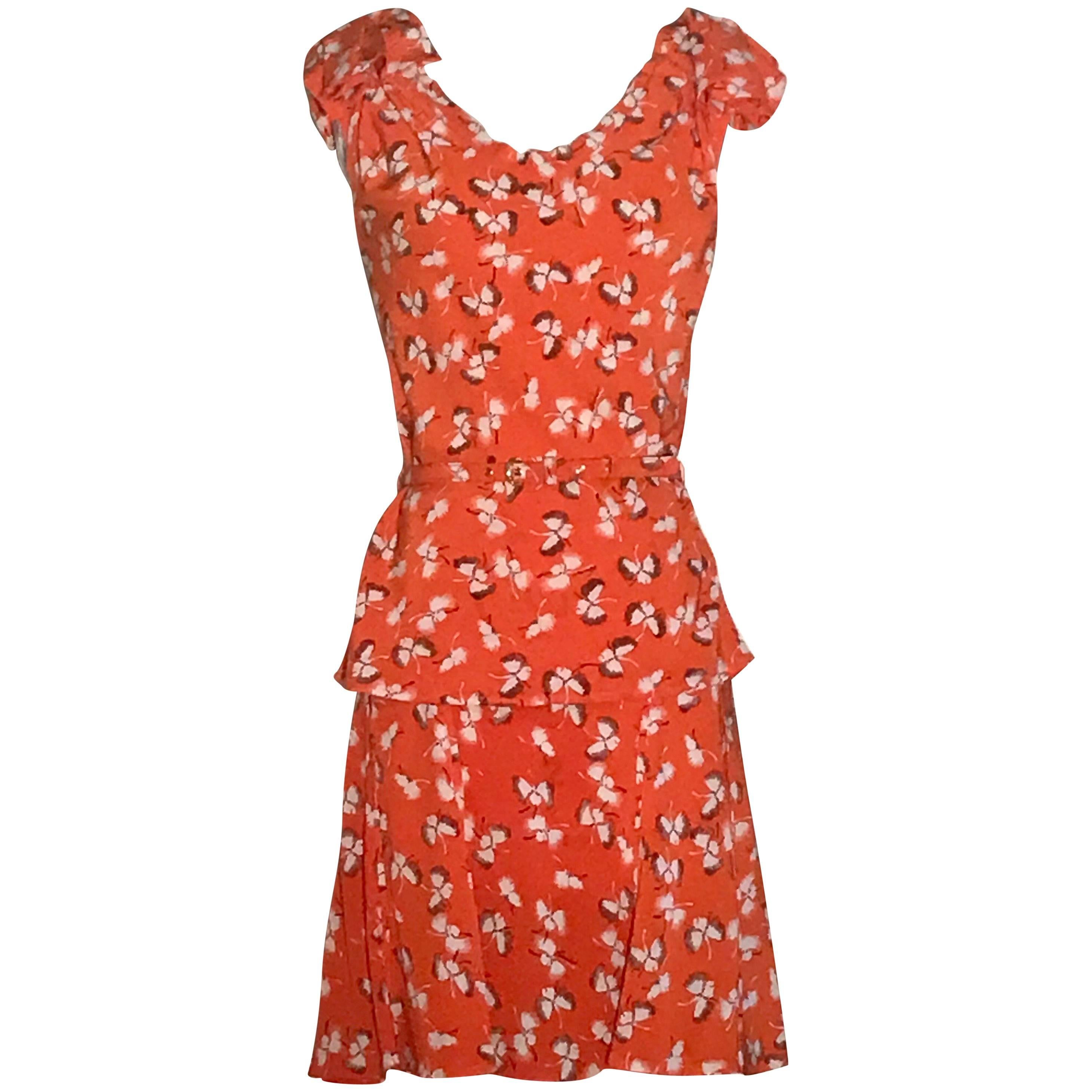 Gucci Orange Silk Floral Skirt Top and Belt Set 
