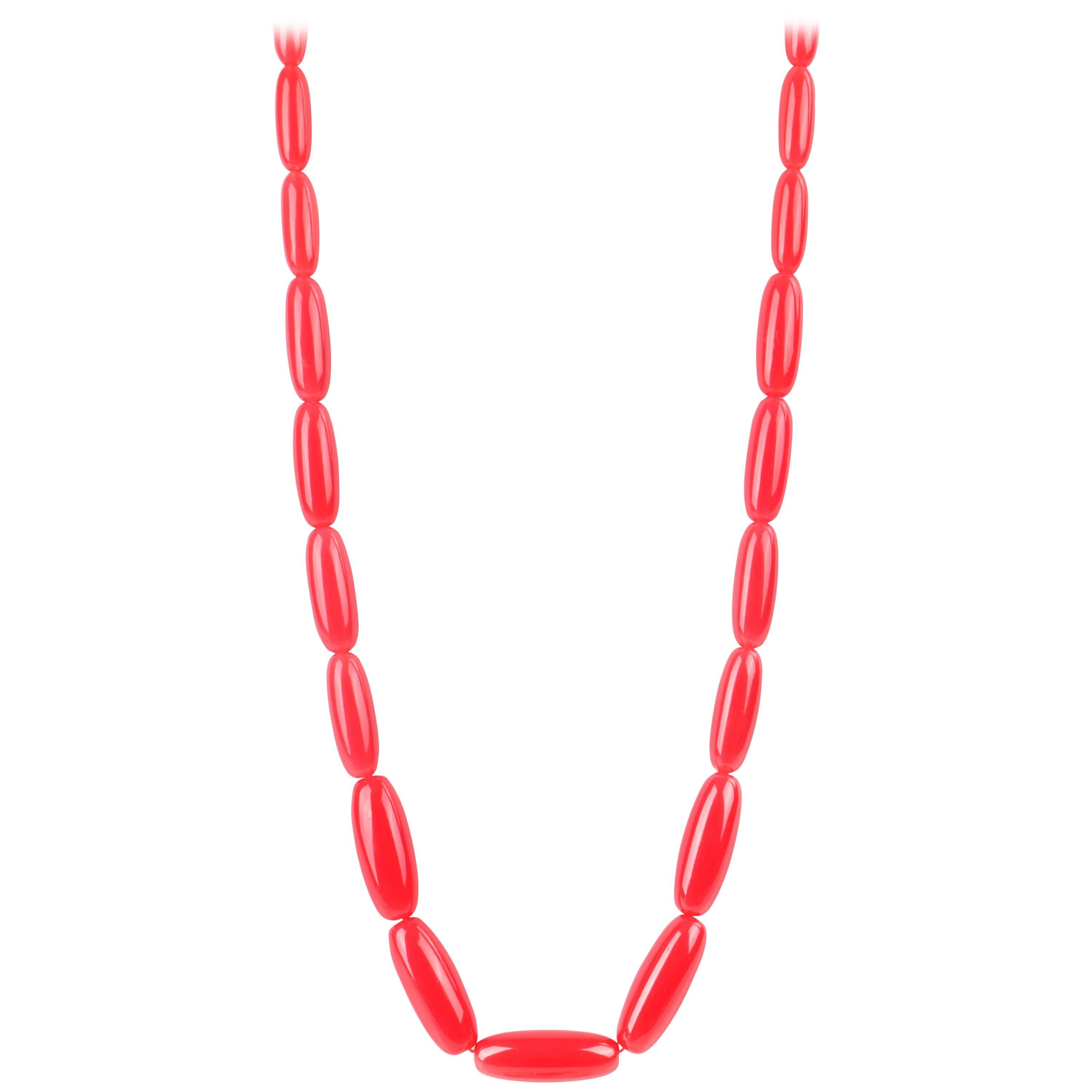 c.1940's Watermelon Pink Oblong Beaded Long Lucite Necklace For Sale