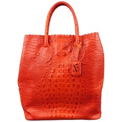 FURLA Orange Alligator Embossed Leather Tote Handbag
