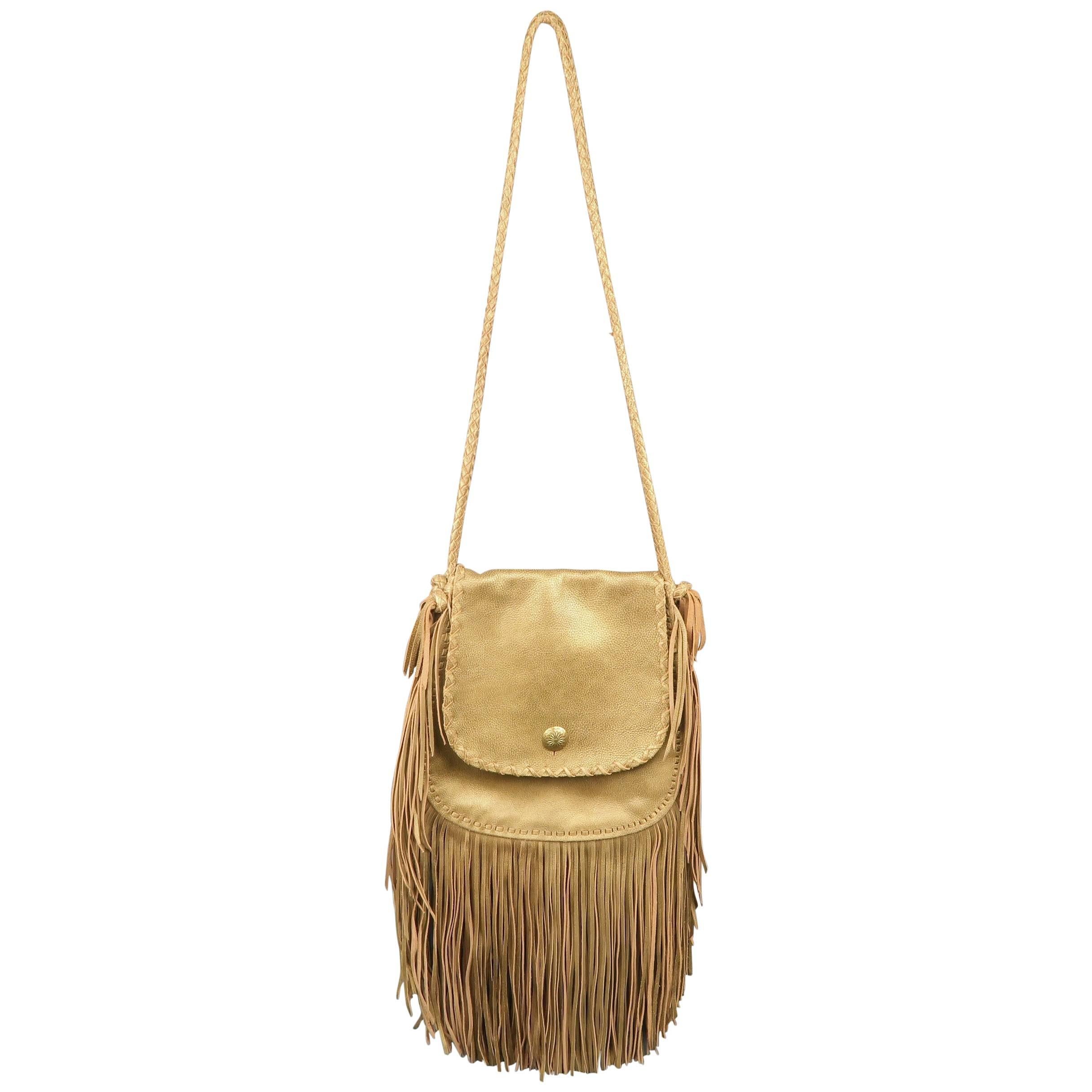 Ralph Lauren Metallic Gold Leather Fringe Cross Body Handbag 