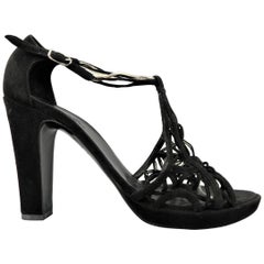 HERMES Size 10 Black Suede Buckled Strap Platform Sandals