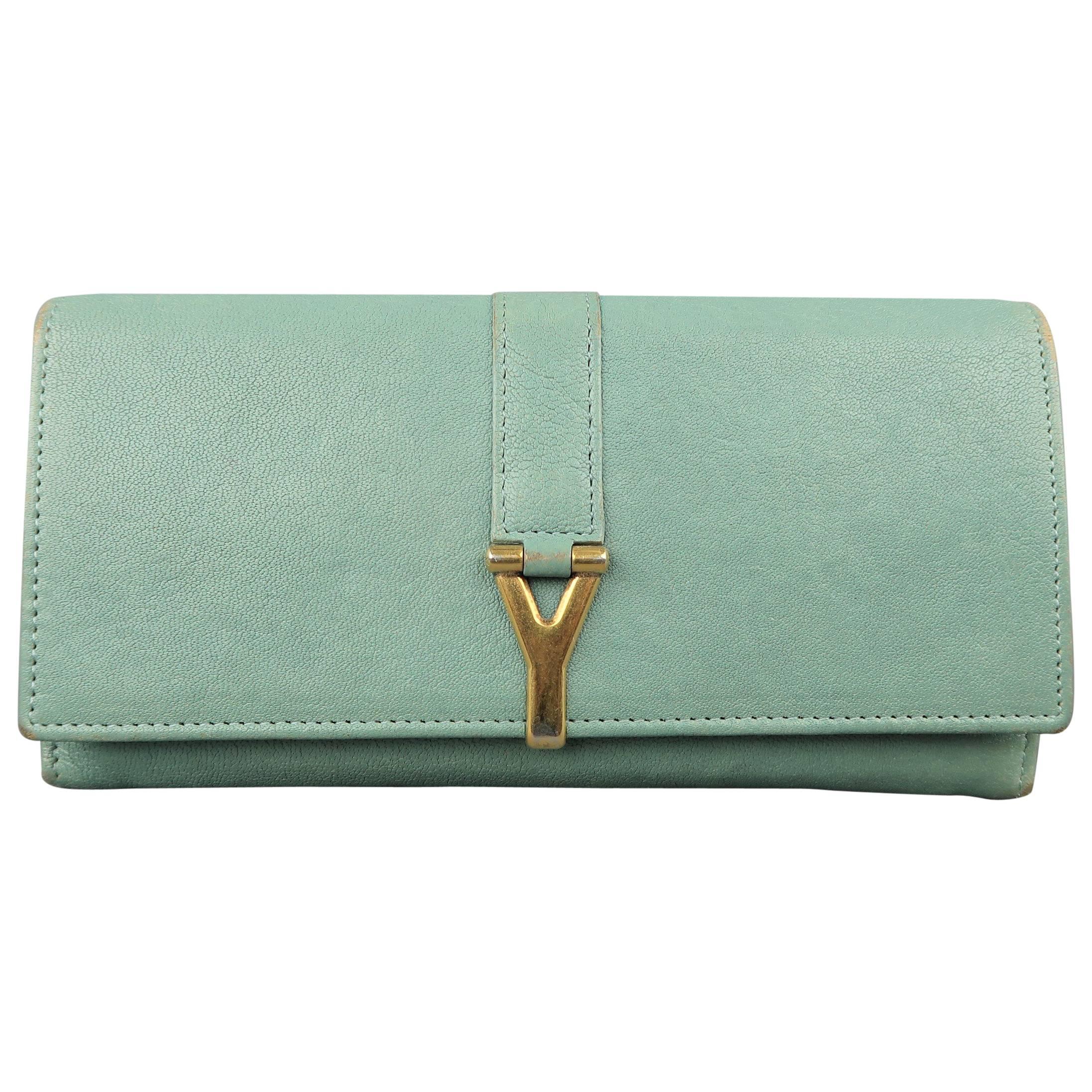 YVES SAINT LAURENT Teal Blue Leather Gold Y Wallet