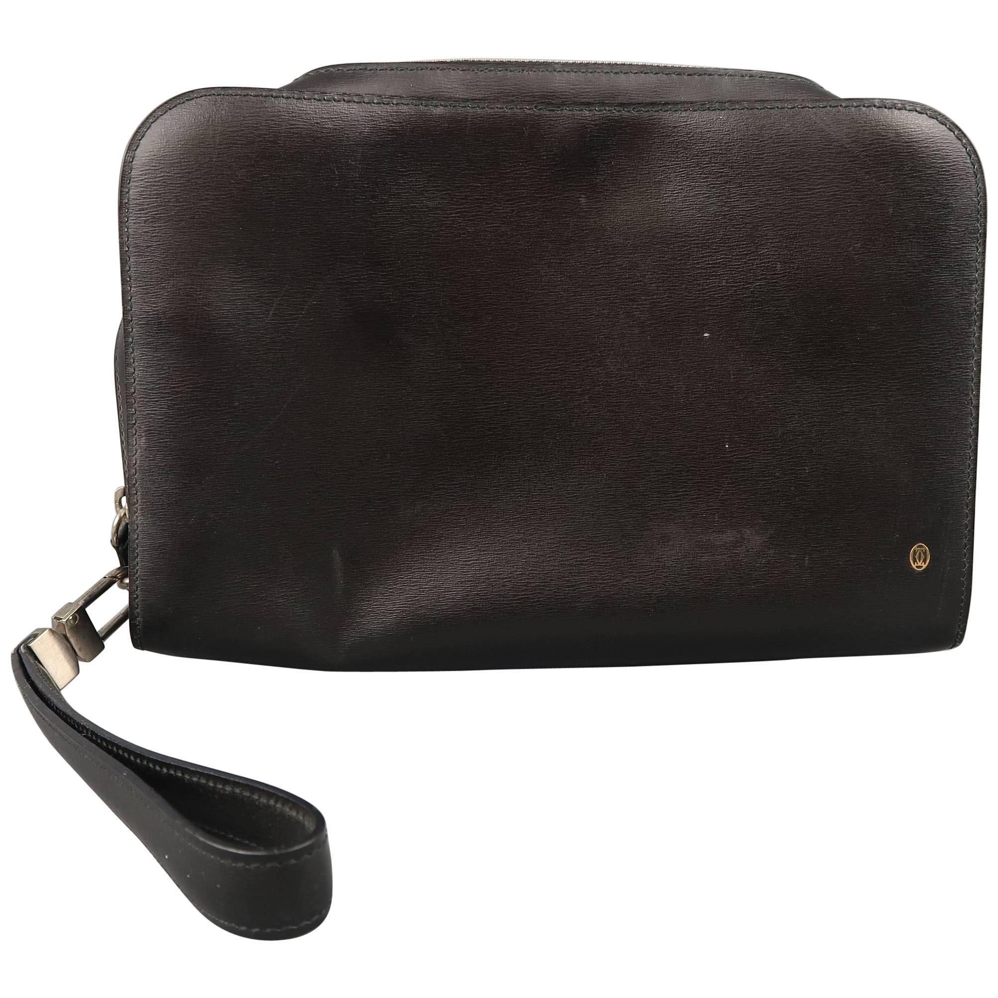 Vintage CARTIER Black Leather Wristlet Travel Toiletry Clutch Bag at ...