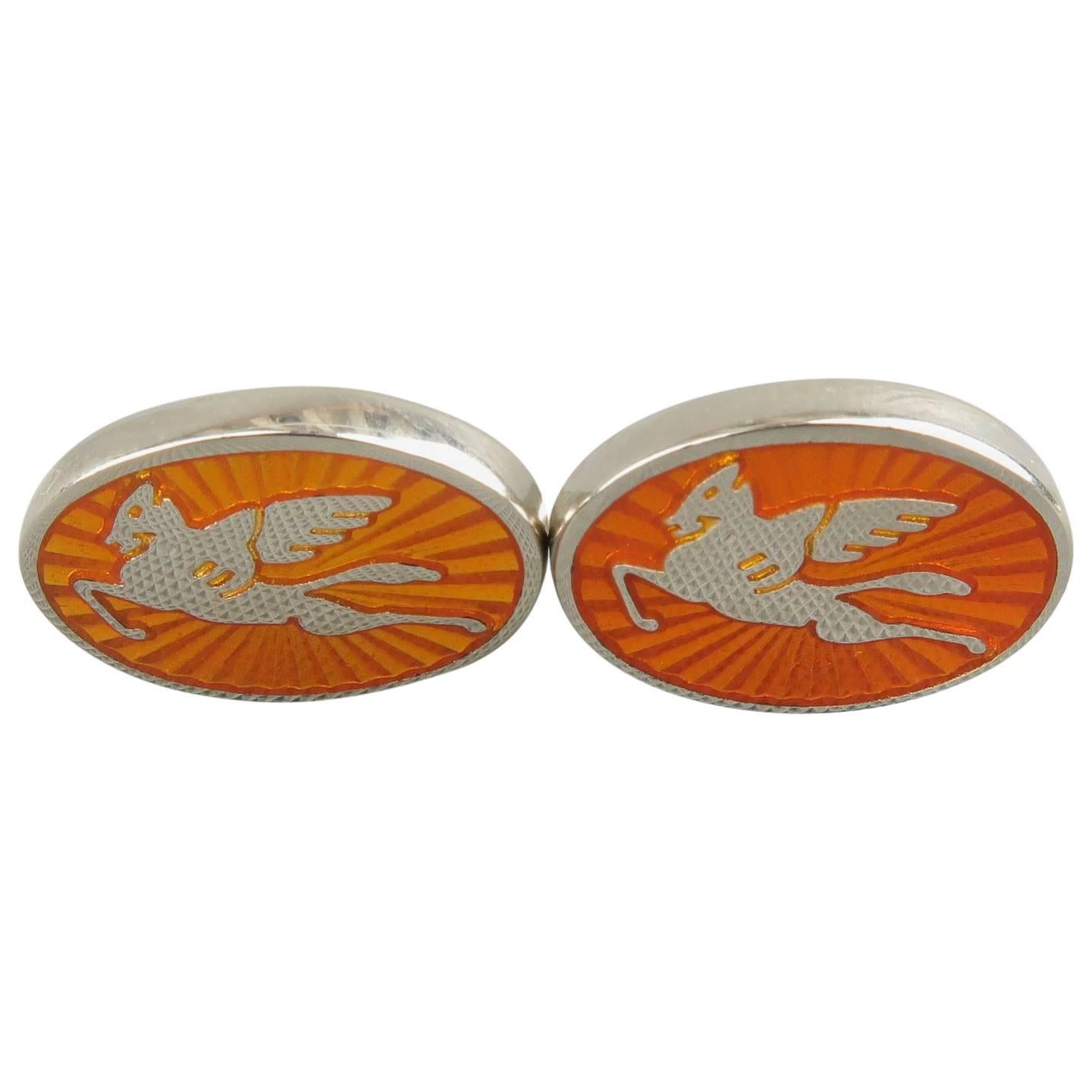 Men's ETRO Orange Pegasus Enamel Silver Tone Cuff Links