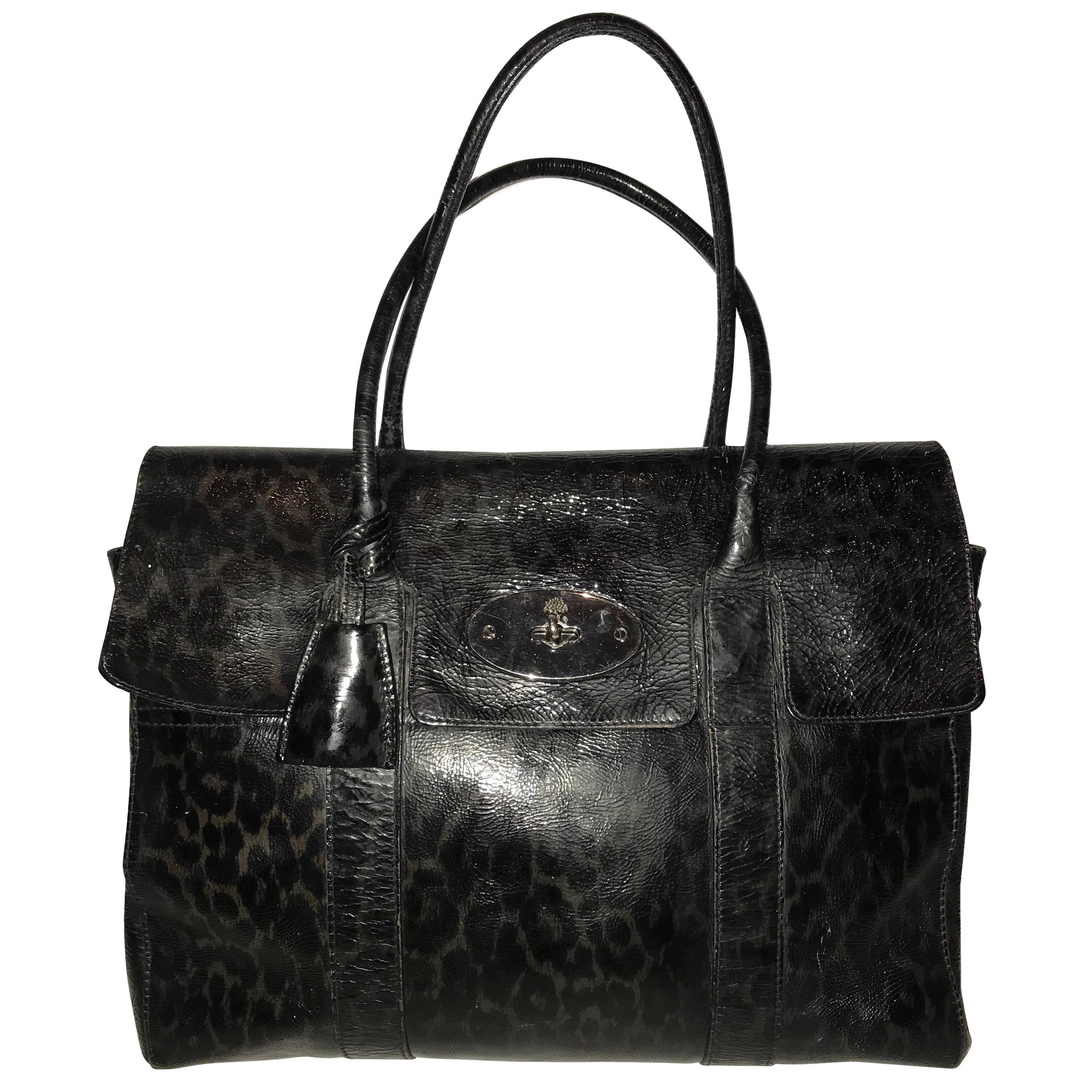 A Mulberry bayswater satchel bag in leopard print patent leather tote blue/black