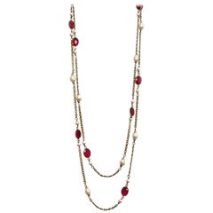 Chanel 1983 Vintage Red Gripoix & Faux Pearl Chain Extra Long Necklace