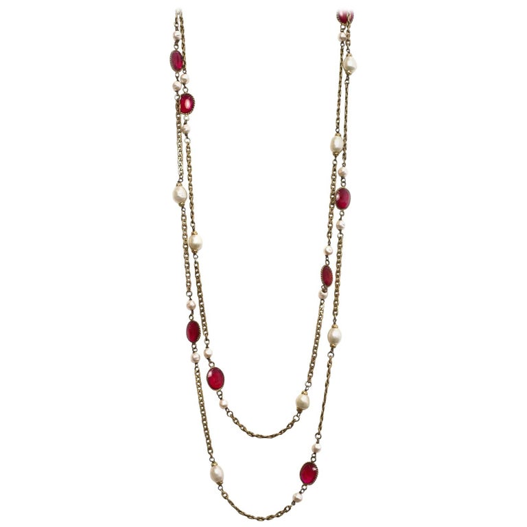Chanel 1983 Vintage Red Gripoix and Faux Pearl Chain Extra Long ...