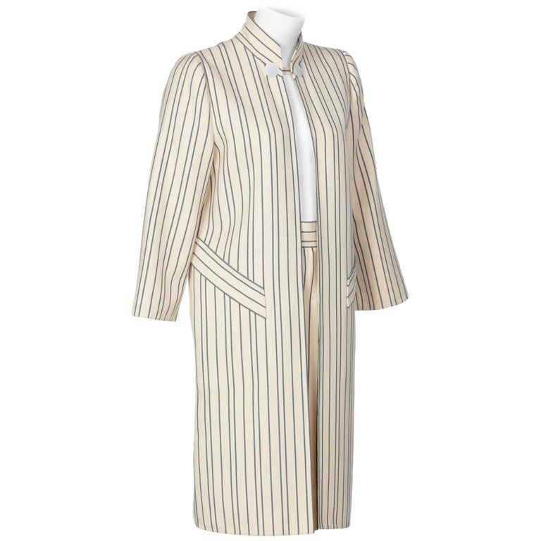 1990s Pauline Trigere creme and Navy Striped Wool Twill Coat Skirt Suit ...