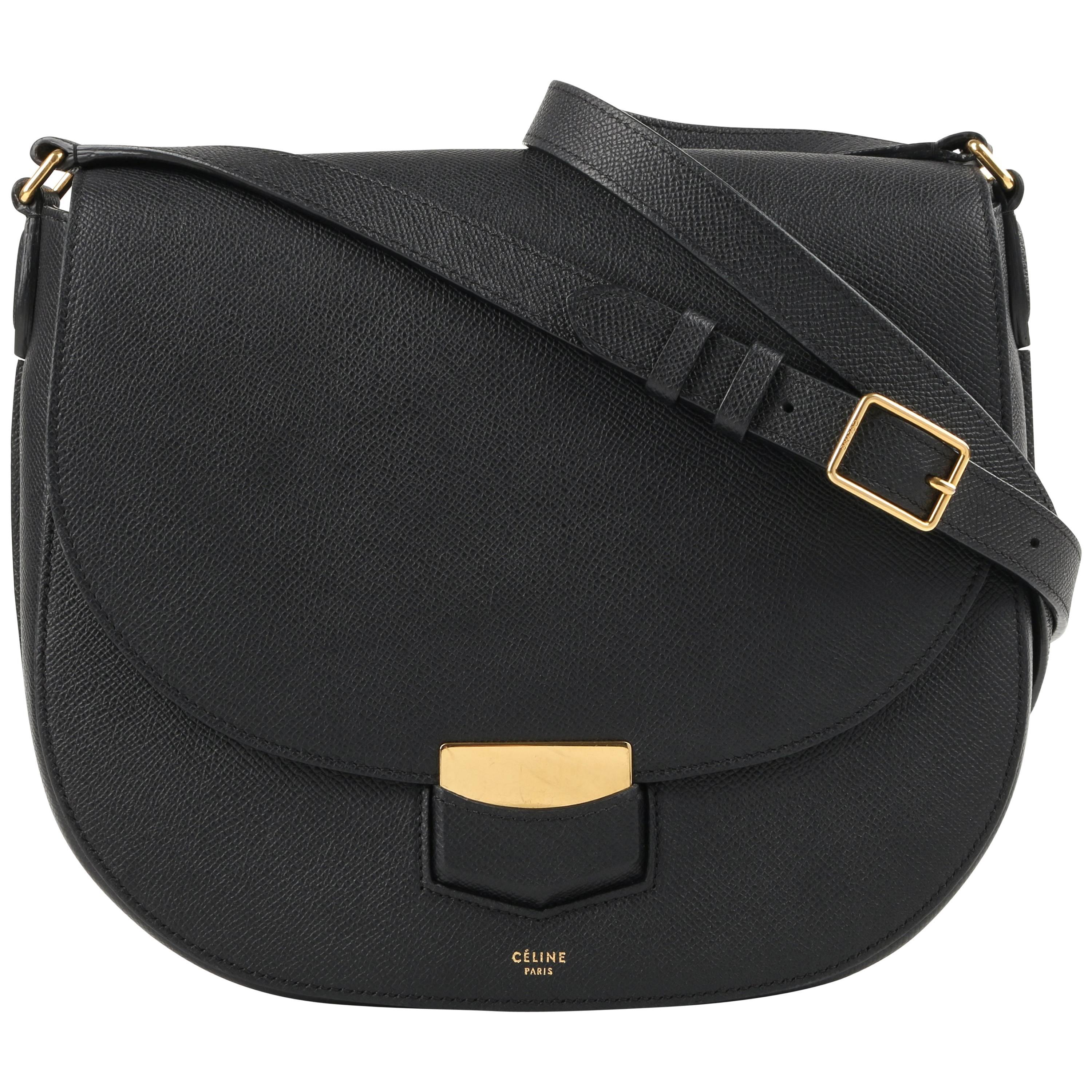 CELINE A/W 2015 "Trotteur Medium" Black Grained Calfskin Leather Saddle Bag