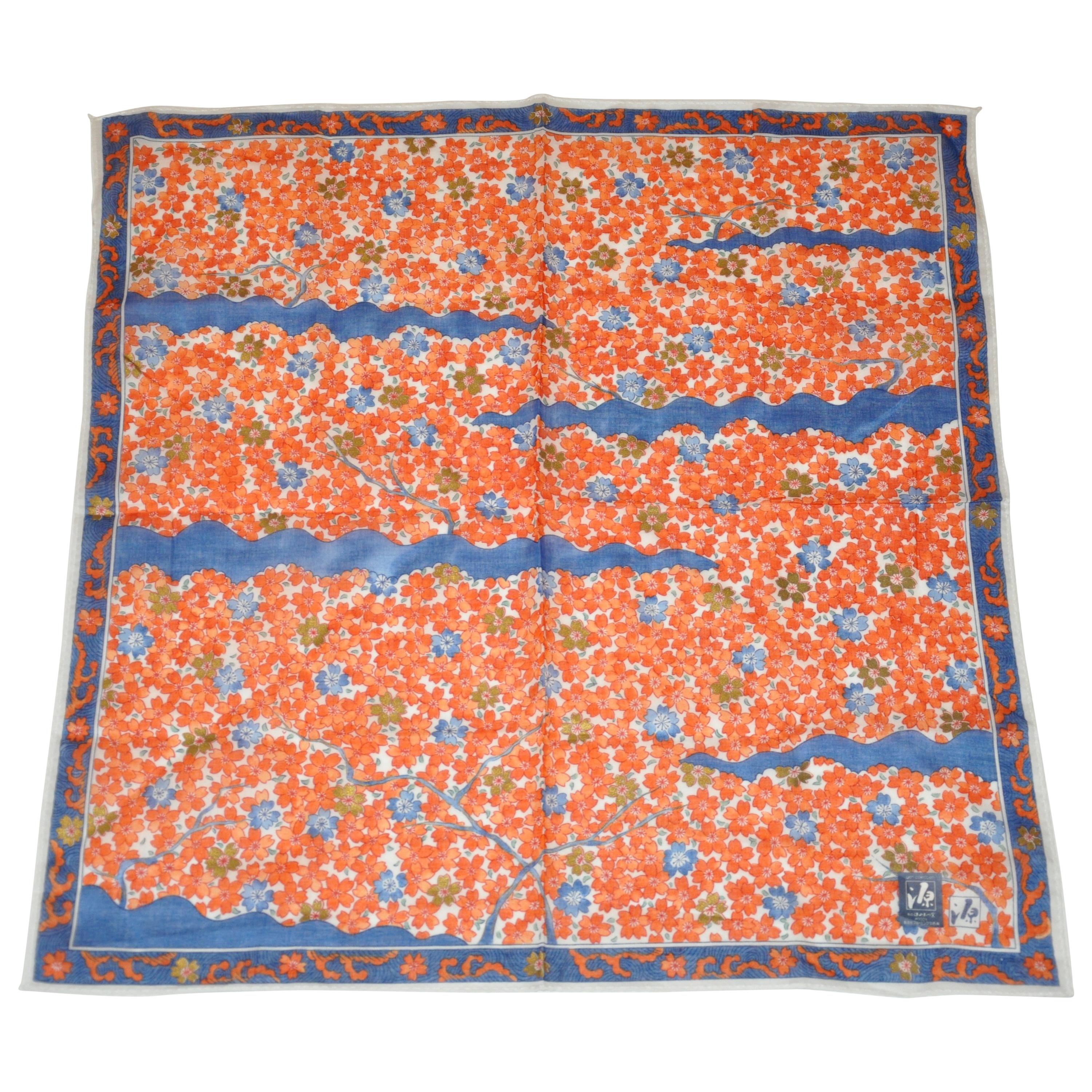 Japanese Multi Rose & Navy Floral Cotton Scarf For Sale