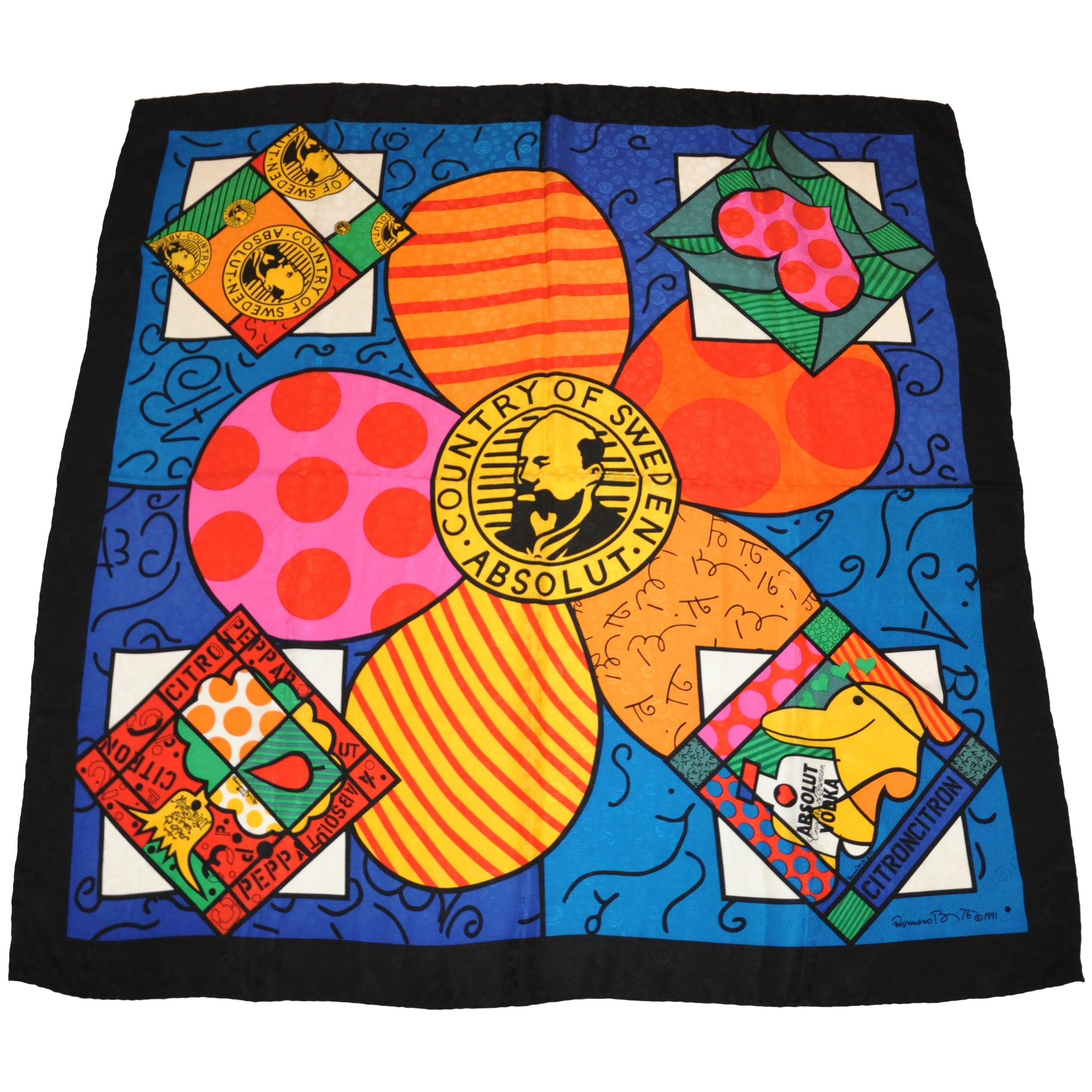 Romero Britto for Absolut Large Limited Edition Silk Crepe de Chine Scarf For Sale